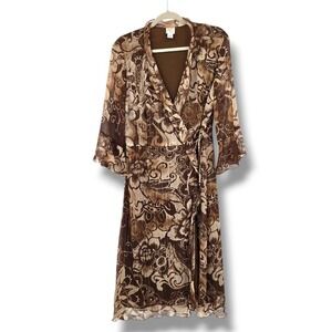 Emma James Brown Floral Print Wrap Dress‎ Midi 3/4 Sleeve Gold Detail Size 12